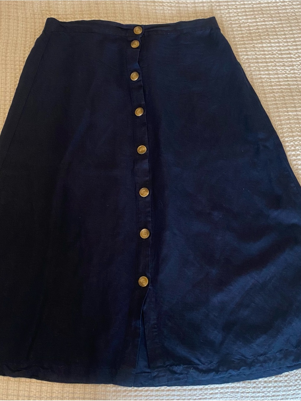 LOFT Navy A-Line Button-Front Skirt with Brown Buttons